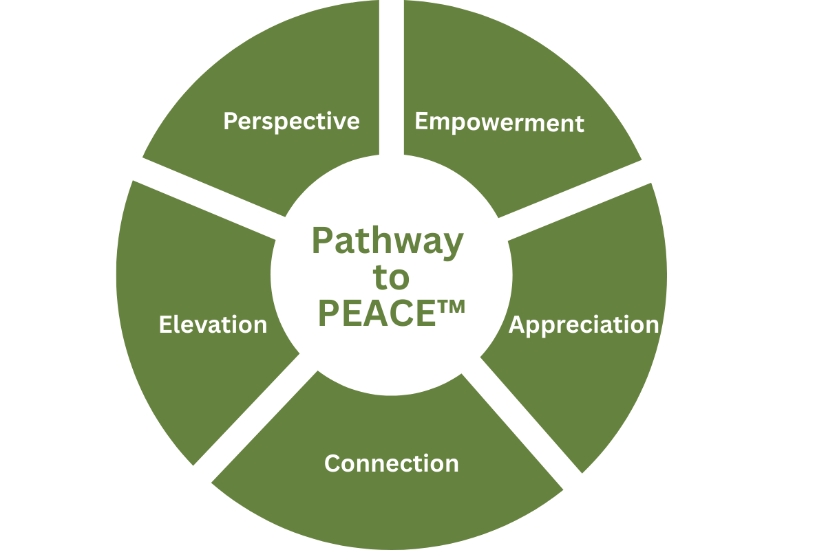 Pathway to PEACE™ framework diagram illustrating emotional healing, nervous system stability, and faith-based recovery from stress, burnout, and trauma.