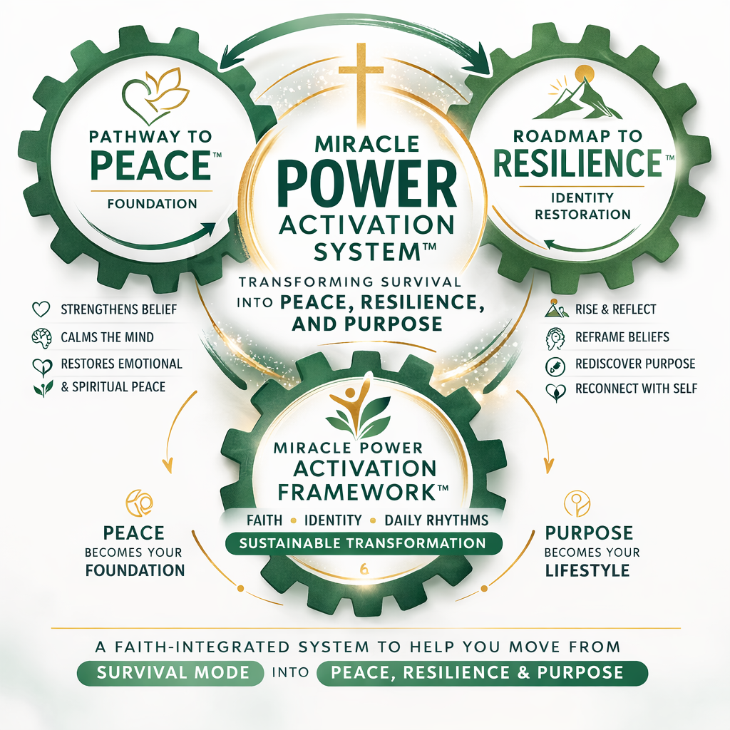 Miracle Power Activation System™ graphic showing three interconnected frameworks: Pathway to PEACE™, Roadmap to Resilience™, and Miracle Power Activation Framework™, working together to move people from survival mode into peace, resilience, and purpose.