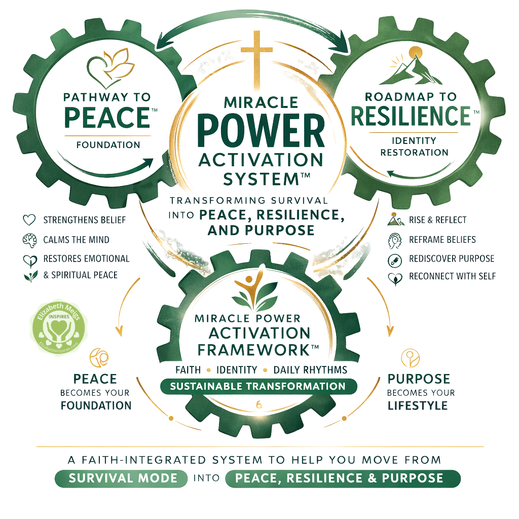 Miracle Power Activation System™ graphic by Elizabeth Meigs showing the Pathway to PEACE™, Roadmap to Resilience™, and Miracle Power Activation™ frameworks designed to help individuals build resilience, healing, faith, and emotional wellness.